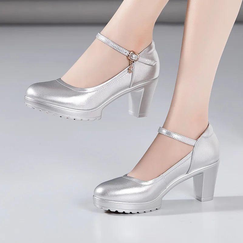 Cowhide Women's High Heel Shoes With Heels Platform Mary Jane Shoes Women Pumps Office Work Shoe Women's Wedding Shoes 32-43