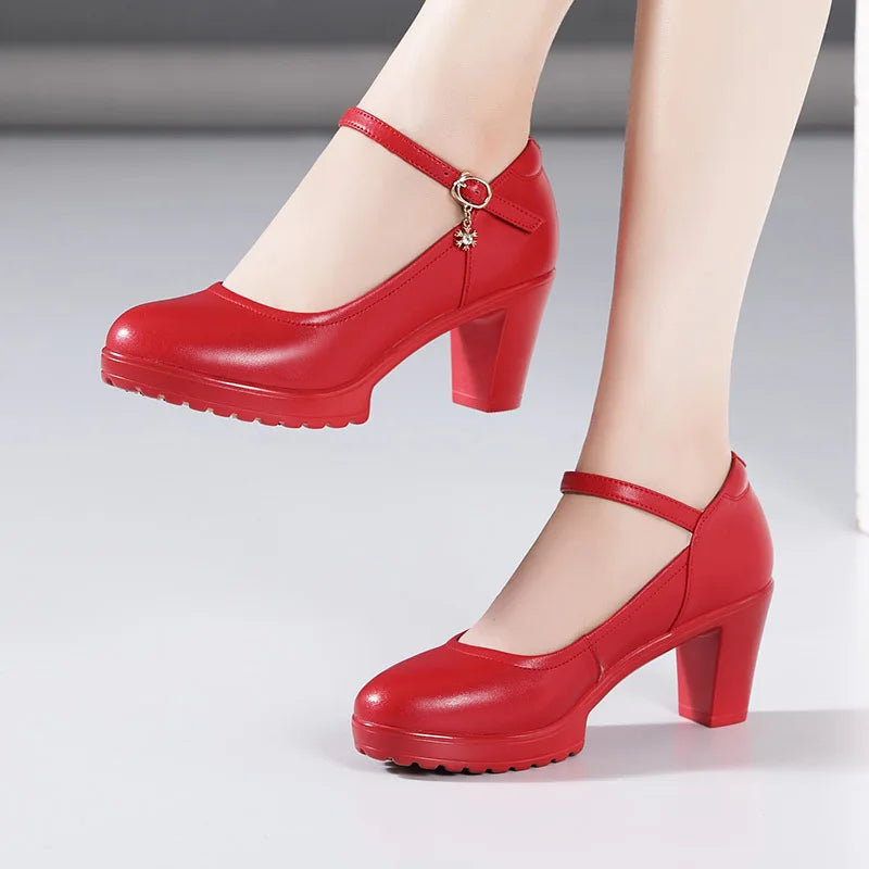 Cowhide Women's High Heel Shoes With Heels Platform Mary Jane Shoes Women Pumps Office Work Shoe Women's Wedding Shoes 32-43