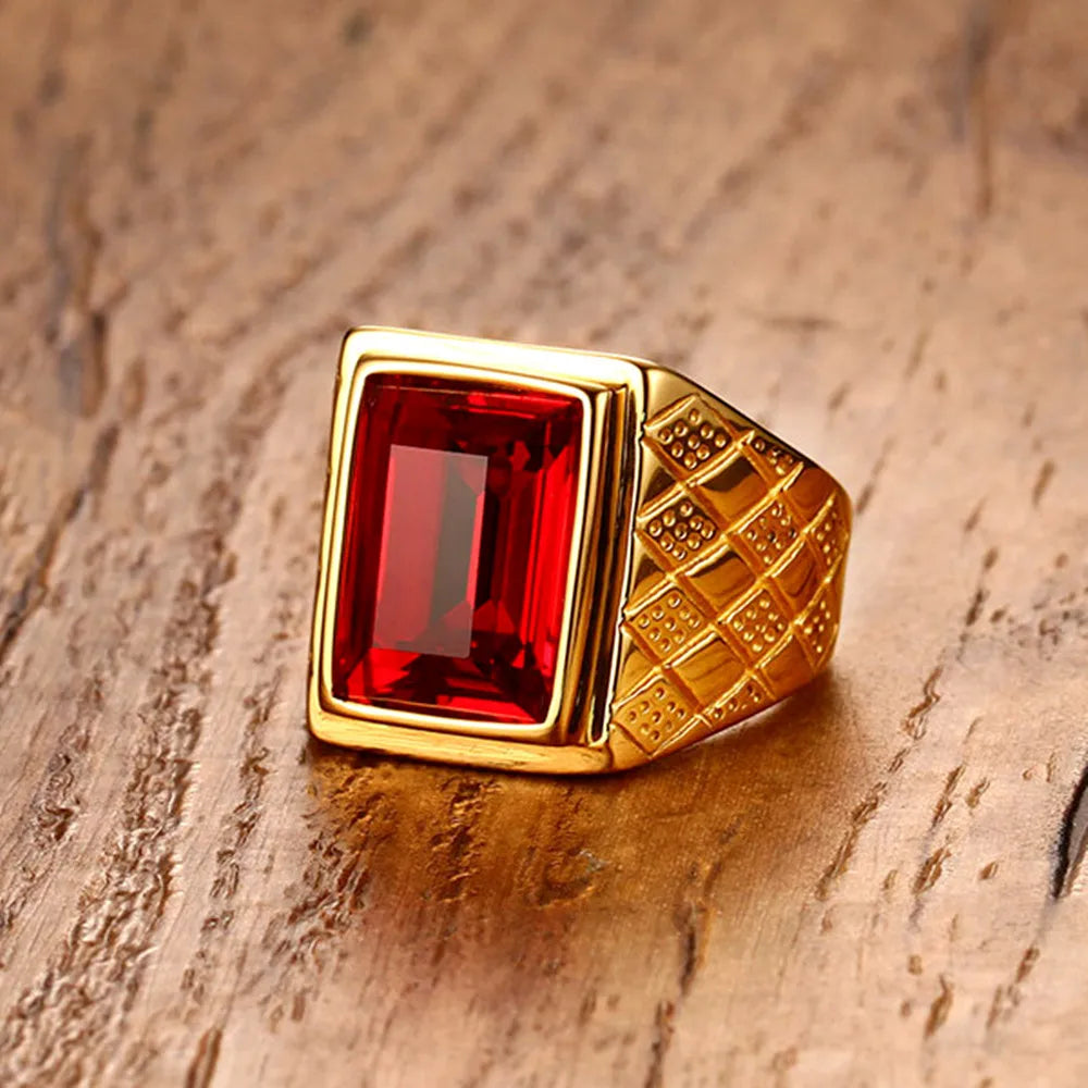 Big square ruby red gemstones Rings for men gold color titanium stainless steel  jewelry bague bijoux masculine finger accessory
