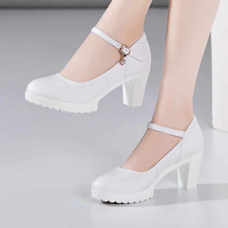 Cowhide Women's High Heel Shoes With Heels Platform Mary Jane Shoes Women Pumps Office Work Shoe Women's Wedding Shoes 32-43
