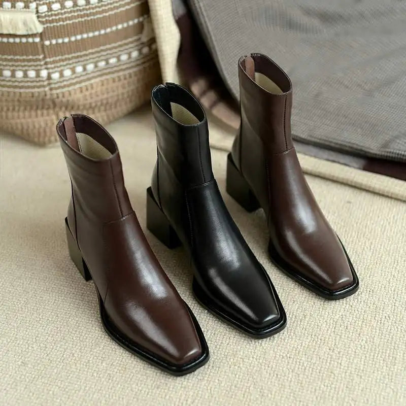 Krazing Pot Big Size 43 Cow Leather High Heels Winter Shoes Classics Chelsea Boots Square Toe Zipper Concise Dating Ankle Boots