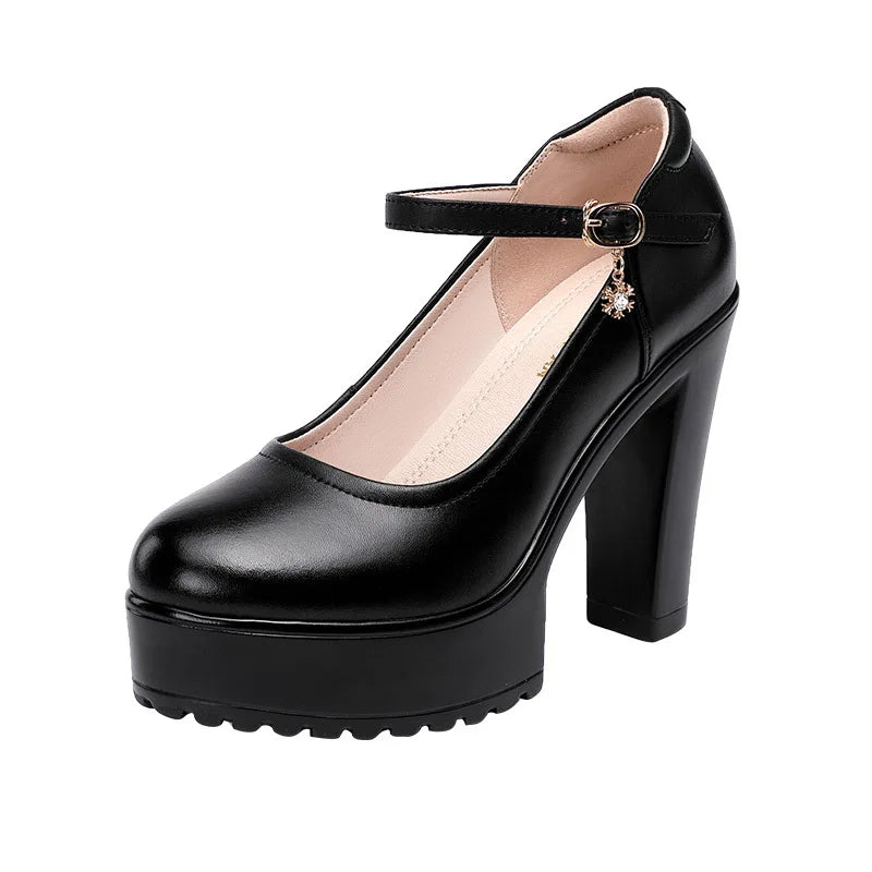 Cowhide Women's High Heel Shoes With Heels Platform Mary Jane Shoes Women Pumps Office Work Shoe Women's Wedding Shoes 32-43