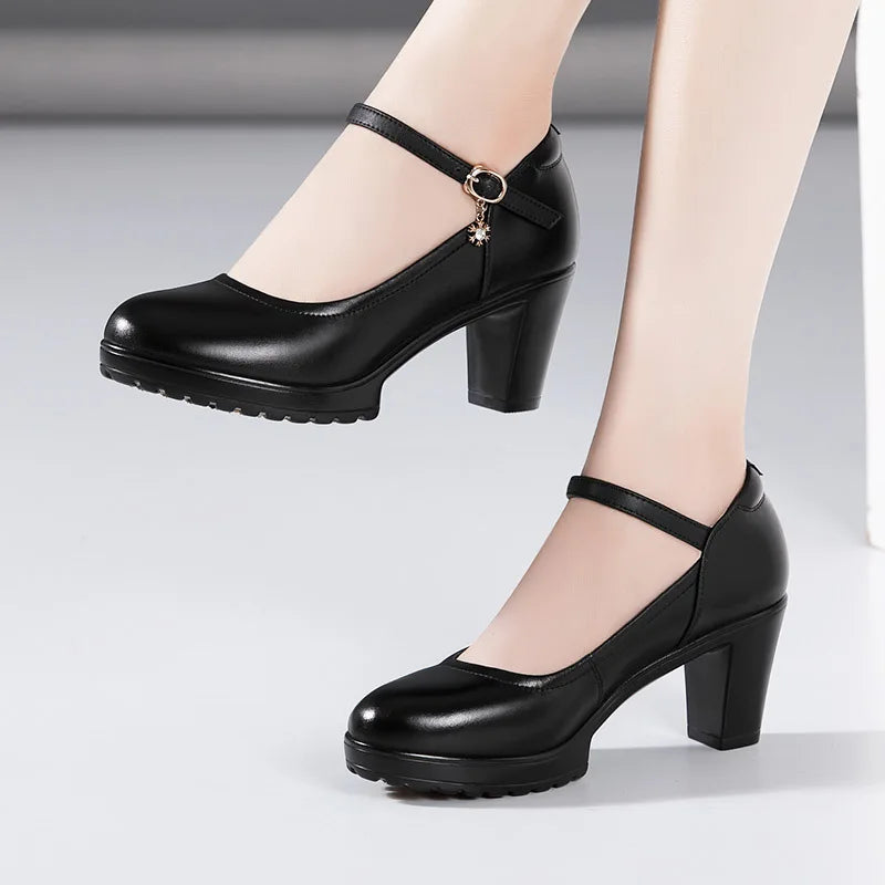 Cowhide Women's High Heel Shoes With Heels Platform Mary Jane Shoes Women Pumps Office Work Shoe Women's Wedding Shoes 32-43