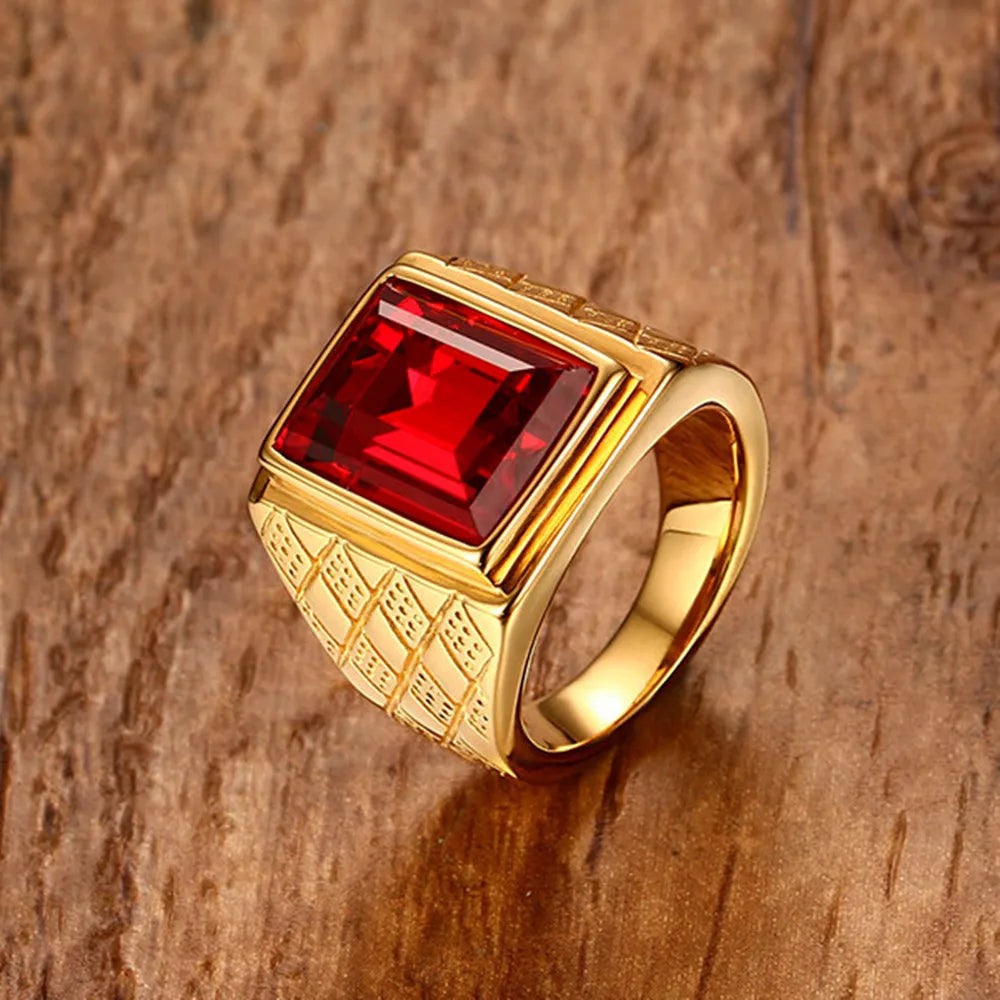 Big square ruby red gemstones Rings for men gold color titanium stainless steel  jewelry bague bijoux masculine finger accessory