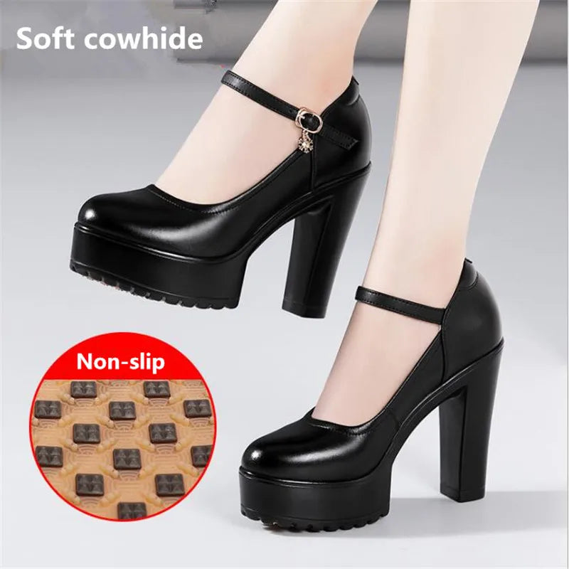 Cowhide Women's High Heel Shoes With Heels Platform Mary Jane Shoes Women Pumps Office Work Shoe Women's Wedding Shoes 32-43