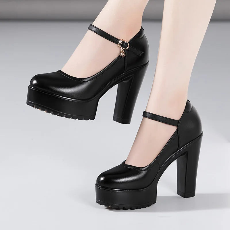 Cowhide Women's High Heel Shoes With Heels Platform Mary Jane Shoes Women Pumps Office Work Shoe Women's Wedding Shoes 32-43