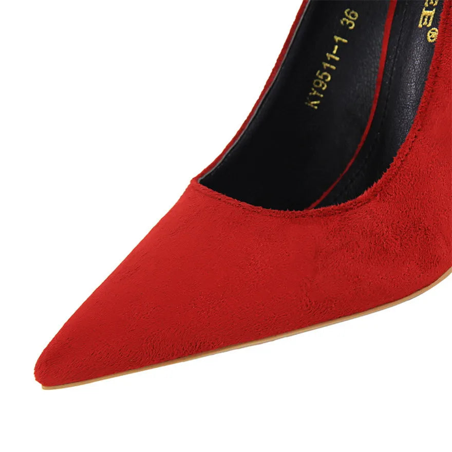 Concise Shallow Ladies Office Shoes 2025 New Soft Flock Pointed Toe Women Pumps Fashion High Heels Red Wedding Bride Shoes Woman