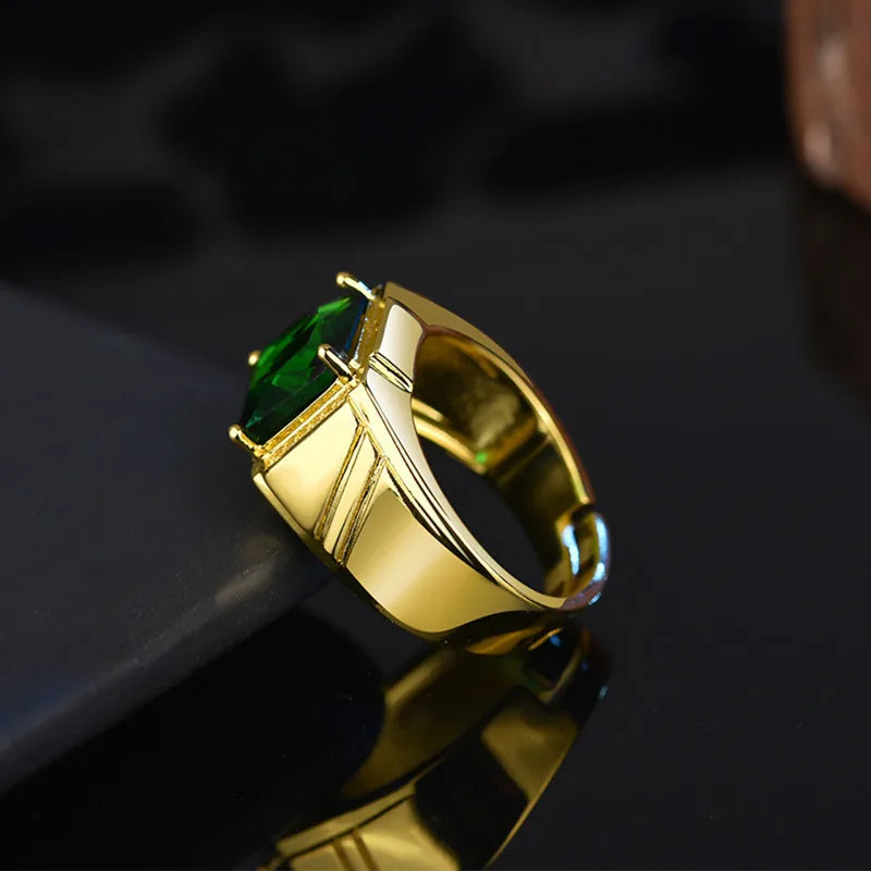 Masculine Green Crystal Emerald Gemstones Diamonds Open Rings for Men 18k Gold Filled Jewelry Trendy Finger Band Accessory Bague