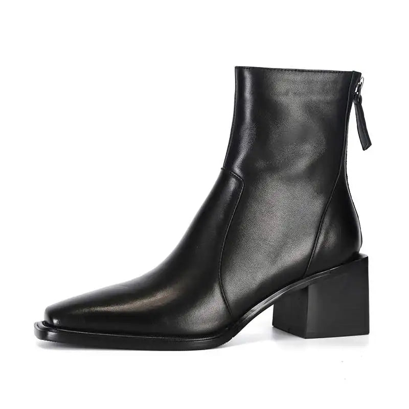 Krazing Pot Big Size 43 Cow Leather High Heels Winter Shoes Classics Chelsea Boots Square Toe Zipper Concise Dating Ankle Boots