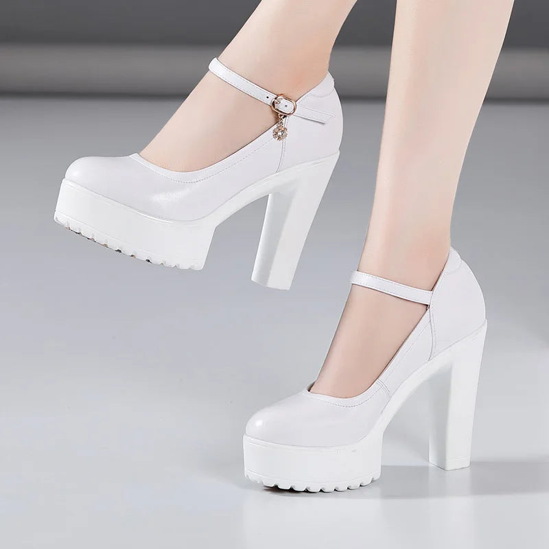 Cowhide Women's High Heel Shoes With Heels Platform Mary Jane Shoes Women Pumps Office Work Shoe Women's Wedding Shoes 32-43