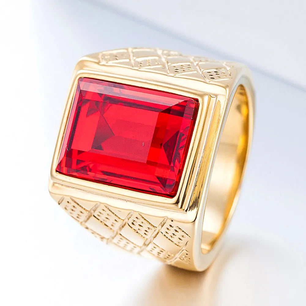 Big square ruby red gemstones Rings for men gold color titanium stainless steel  jewelry bague bijoux masculine finger accessory
