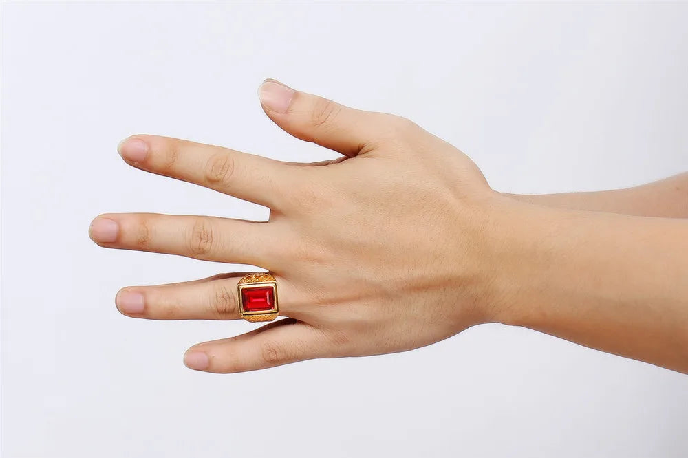 Big square ruby red gemstones Rings for men gold color titanium stainless steel  jewelry bague bijoux masculine finger accessory