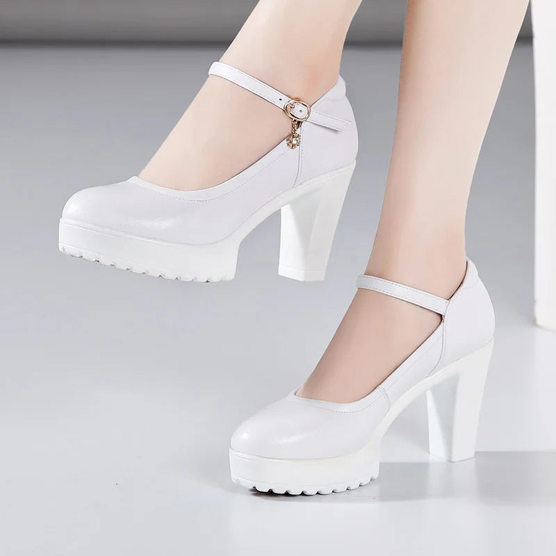 Cowhide Women's High Heel Shoes With Heels Platform Mary Jane Shoes Women Pumps Office Work Shoe Women's Wedding Shoes 32-43