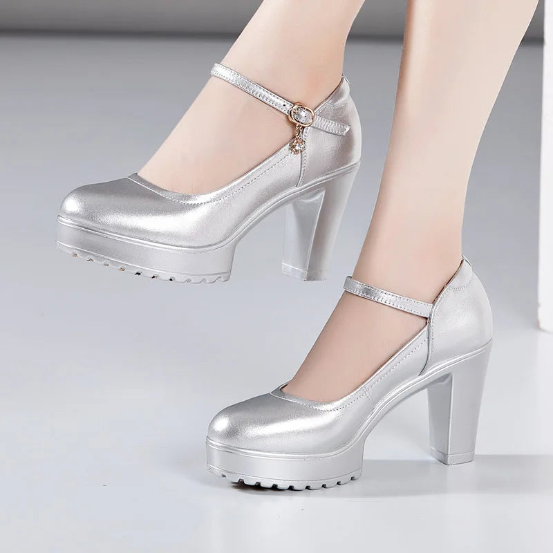 Cowhide Women's High Heel Shoes With Heels Platform Mary Jane Shoes Women Pumps Office Work Shoe Women's Wedding Shoes 32-43