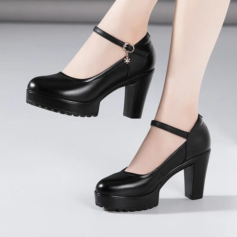 Cowhide Women's High Heel Shoes With Heels Platform Mary Jane Shoes Women Pumps Office Work Shoe Women's Wedding Shoes 32-43