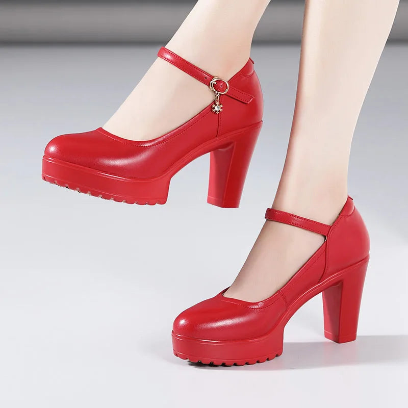 Cowhide Women's High Heel Shoes With Heels Platform Mary Jane Shoes Women Pumps Office Work Shoe Women's Wedding Shoes 32-43