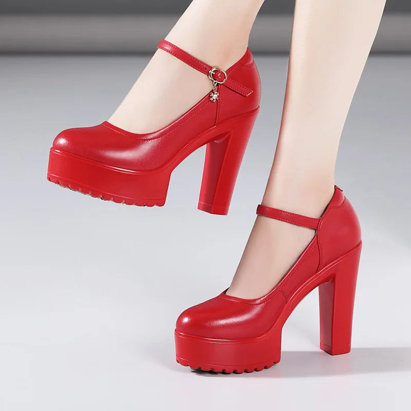 Cowhide Women's High Heel Shoes With Heels Platform Mary Jane Shoes Women Pumps Office Work Shoe Women's Wedding Shoes 32-43