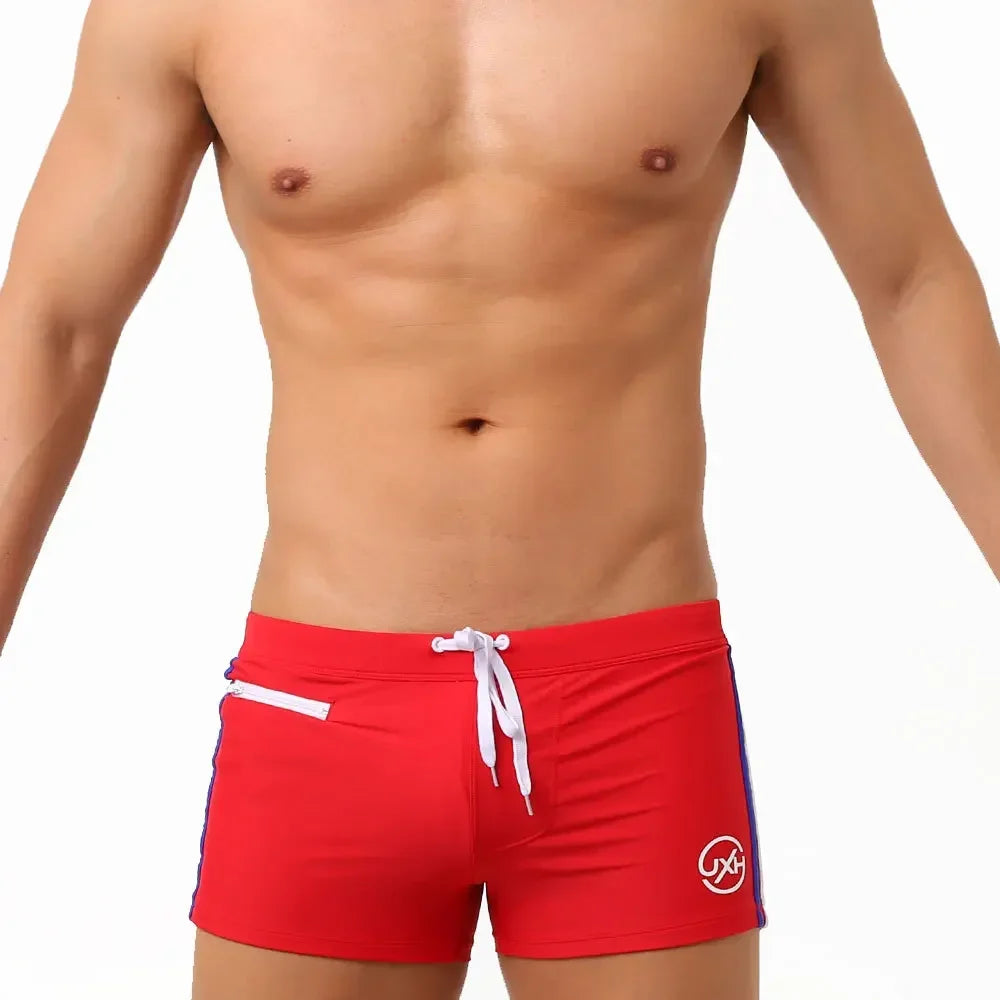 Sexy Swimsuit Beach Quick Drying Trunks Men Swimwear with Zipper Pocket Swimming Boxer Brief Square Leg Bathing Suit Board Short