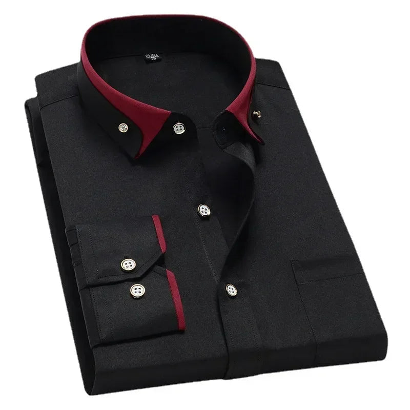 Spring and Autumn New Men's Contrasting Collar Elastic Long Sleeve Shirt Business Casual Comfort No-Iron Shirt Youth Solid Color