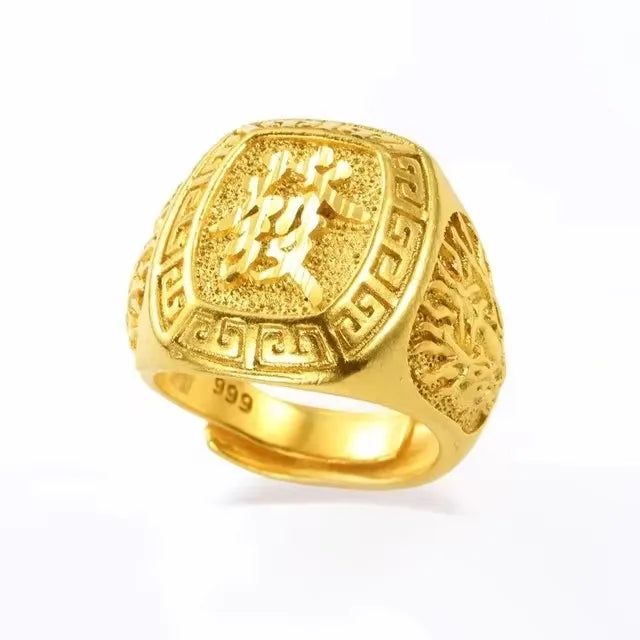 Pure Gold 18 KT Color Ring for Men Bro Luxury Engraving Dragon Adjustable Rings Gentleman Wedding Party Jewelry Gifts