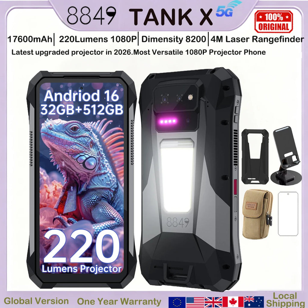 8849 Tank X Unihertz 220 Lumens 1080P Projector Rugged Smart Phone Android16 17600mAh 512G Dimensity 8200 NFC Night Version 2026