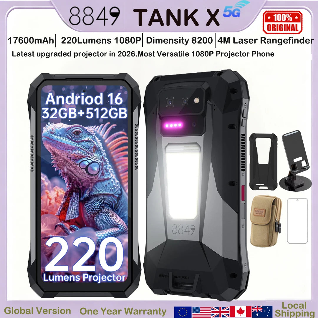 8849 Tank X Unihertz 220 Lumens 1080P Projector Rugged Smart Phone Android16 17600mAh 512G Dimensity 8200 NFC Night Version 2026