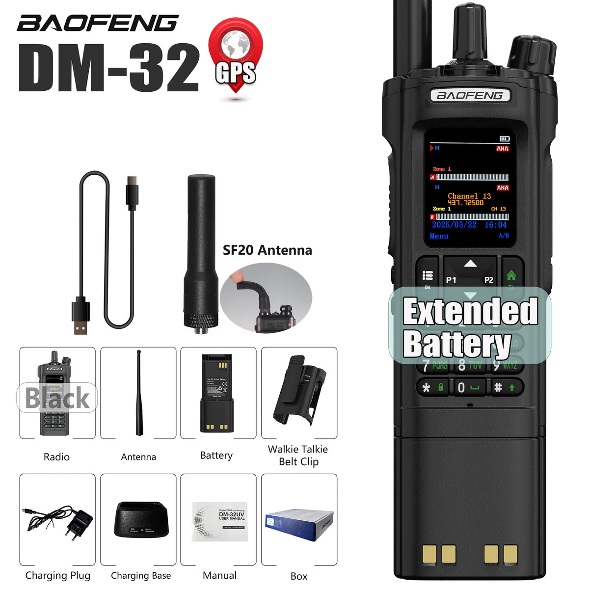 BAOFENG DM-32 DM32 Extended Battery 10W DMR Ham 2 Way Radio GPS Matching Writing Frequency Satellite Positioning USB C Belt Clip