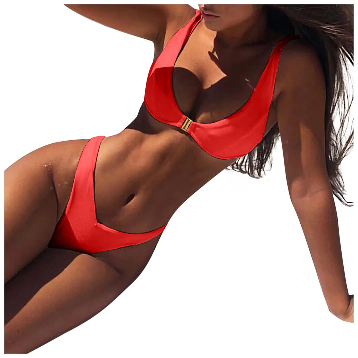 Купальник Женский Women's Sexy Купальник Fashion Solid Color Swimwear Women High Waist Gold Lock Bikini Sexy Beachwear Swimsuit