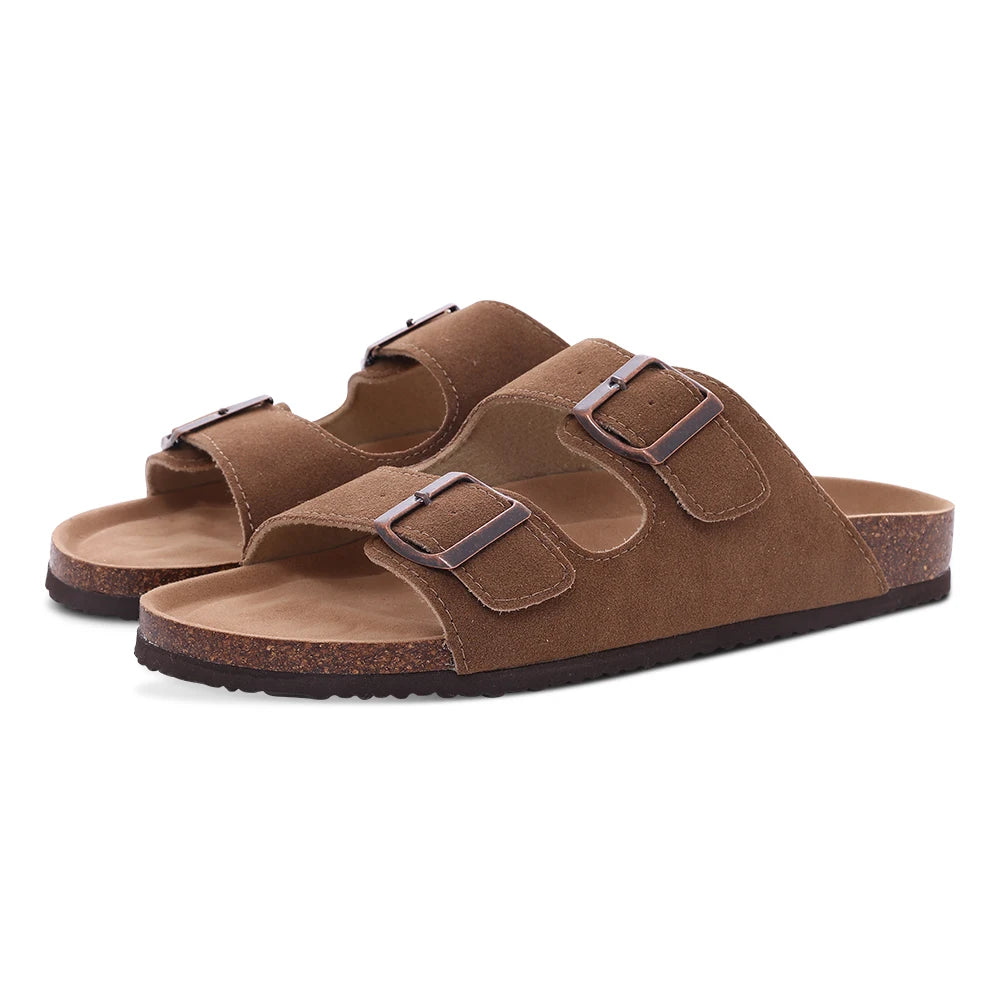 Evshine Leather Cork Footed Clogs Sandals For Women Fashion Flat Mules Slippers with Arch Support Men Double Buckle Cork Slides