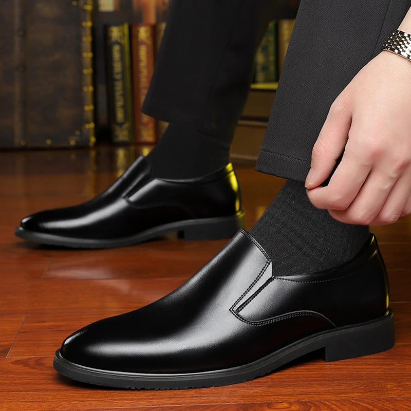 Mens Black Leather Slip On Dress Shoes Formal Business Office Work Comfortable Non Slip Daily Wear Shoes Kick Casual Fashion