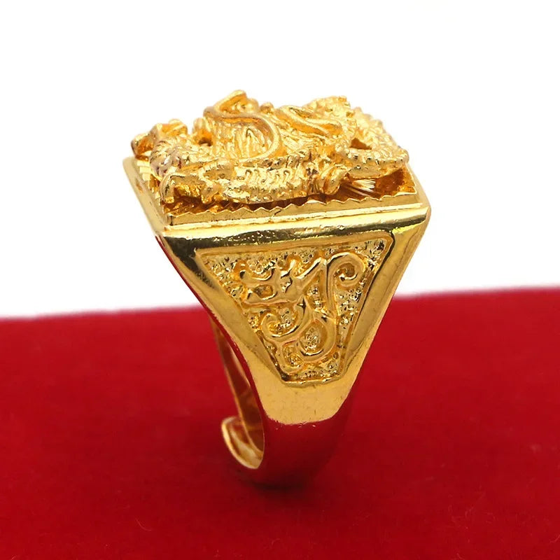 Pure Gold 18 KT Color Ring for Men Bro Luxury Engraving Dragon Adjustable Rings Gentleman Wedding Party Jewelry Gifts