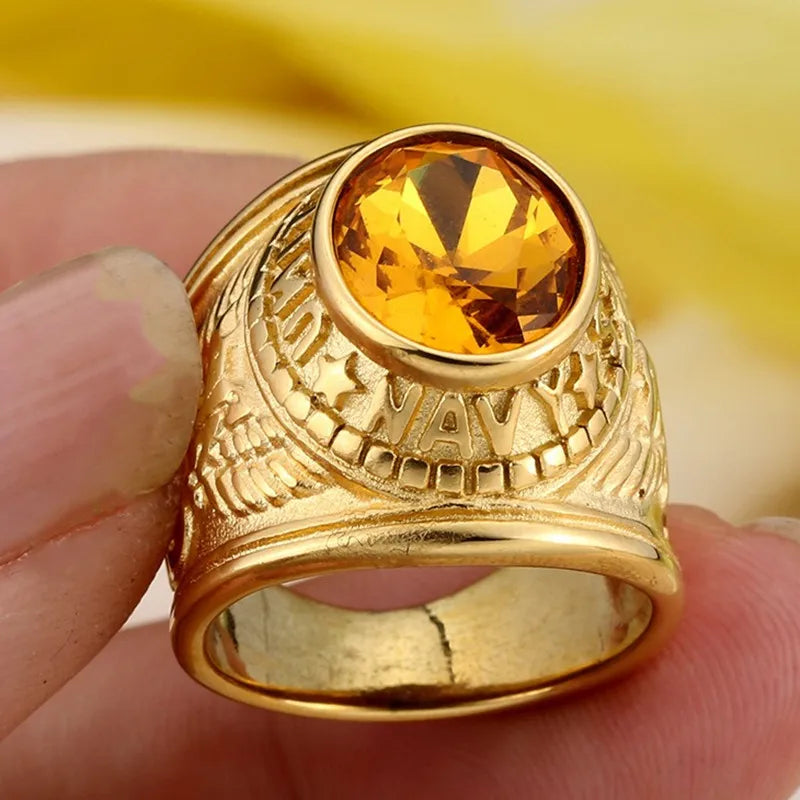 Eagle Earving Stainless Steel Rings for Men Yellow Citrine Gemstones Diamonds 18K Gold Filled Finger Bands Cool Accessory 7-13