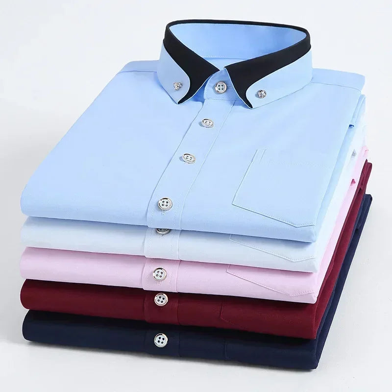 Spring and Autumn New Men's Contrasting Collar Elastic Long Sleeve Shirt Business Casual Comfort No-Iron Shirt Youth Solid Color
