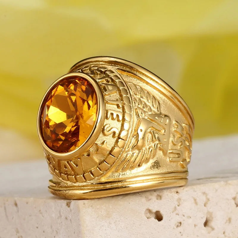 Eagle Earving Stainless Steel Rings for Men Yellow Citrine Gemstones Diamonds 18K Gold Filled Finger Bands Cool Accessory 7-13