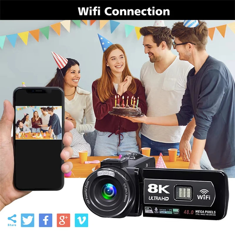 8K Video Camera for YouTube Vlogging, 18X Zoom,IR Night Vision Camcorder with Microphone,Live Streaming Webcam Camera