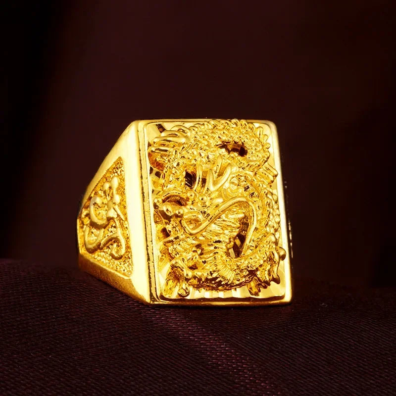 Pure Gold 18 KT Color Ring for Men Bro Luxury Engraving Dragon Adjustable Rings Gentleman Wedding Party Jewelry Gifts