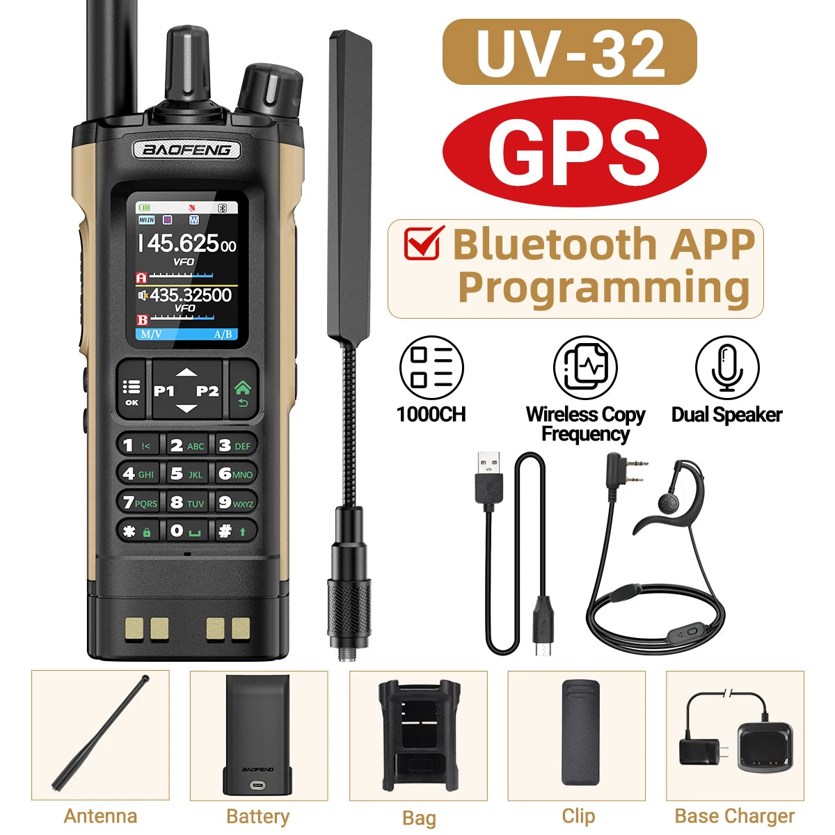 BAOFENG UV-32 GPS Air Band Walkie Talkie Long Range 10W Multi Band Bluetooth Programming Wireless Copy Frequency Two Way Radio