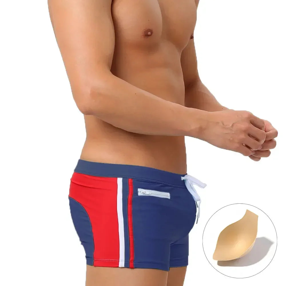Sexy Swimsuit Beach Quick Drying Trunks Men Swimwear with Zipper Pocket Swimming Boxer Brief Square Leg Bathing Suit Board Short