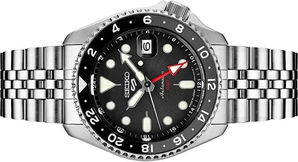 SEIKO 5 Sports SSK001 GMT Automatic Watch 42.5mm Black Dial Two-Tone Bezel Steel Jubilee Bracelet 100M WR LumiBrite 4R34 Caliber