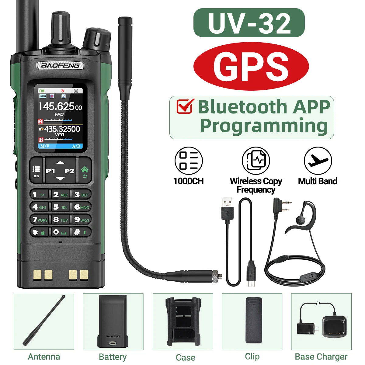BAOFENG UV-32 GPS Air Band Walkie Talkie Long Range 10W Multi Band Bluetooth Programming Wireless Copy Frequency Two Way Radio
