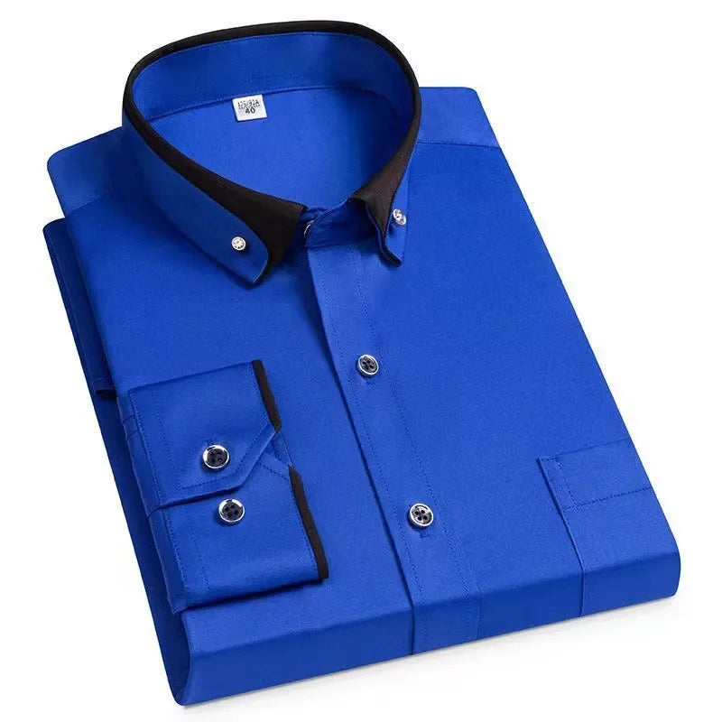 Spring and Autumn New Men's Contrasting Collar Elastic Long Sleeve Shirt Business Casual Comfort No-Iron Shirt Youth Solid Color