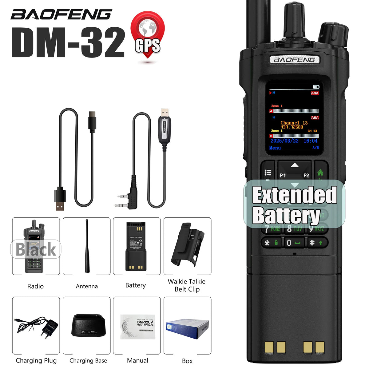 BAOFENG DM-32 DM32 Extended Battery 10W DMR Ham 2 Way Radio GPS Matching Writing Frequency Satellite Positioning USB C Belt Clip
