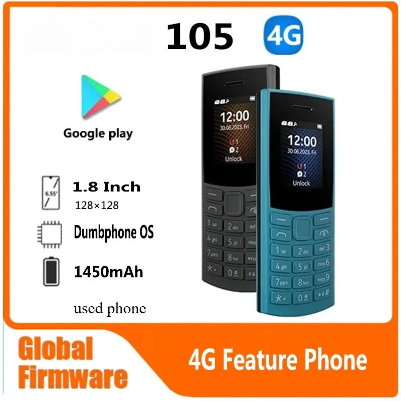 Finland Made105 4G 2023 Feature Phone Dual SIM 1.8" Bluetooth 5.0 Battery FM Radio Call Recording Hebrew Keyboard Available