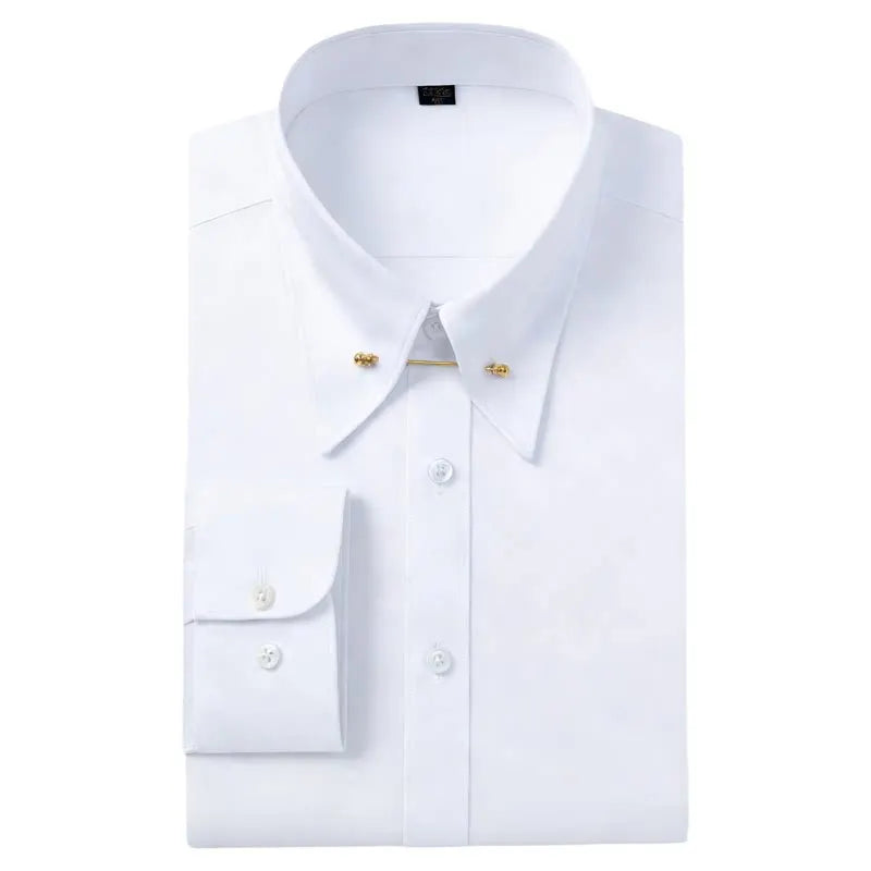 Embroidered French Cufflinks Men's Long-Sleeve Shirt with Collar Pins, Big Collar Dress Shirt for Business Formal Wear, Gentlema