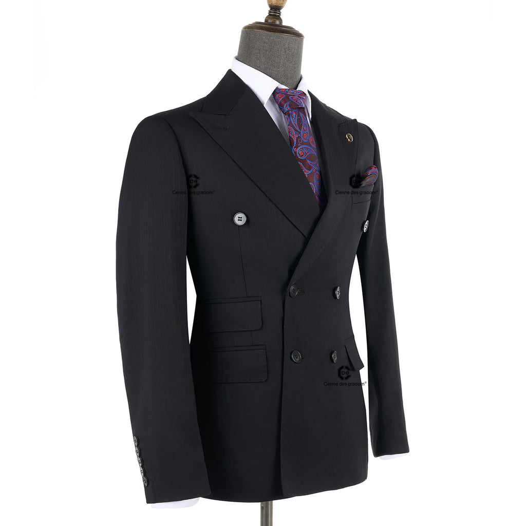 Cenne Des Graoom 2024 Black Stripe Men Suits Double-Breasted  Tailor-Made 2 Pieces Set Jacket Pants Business Meeting Wedding