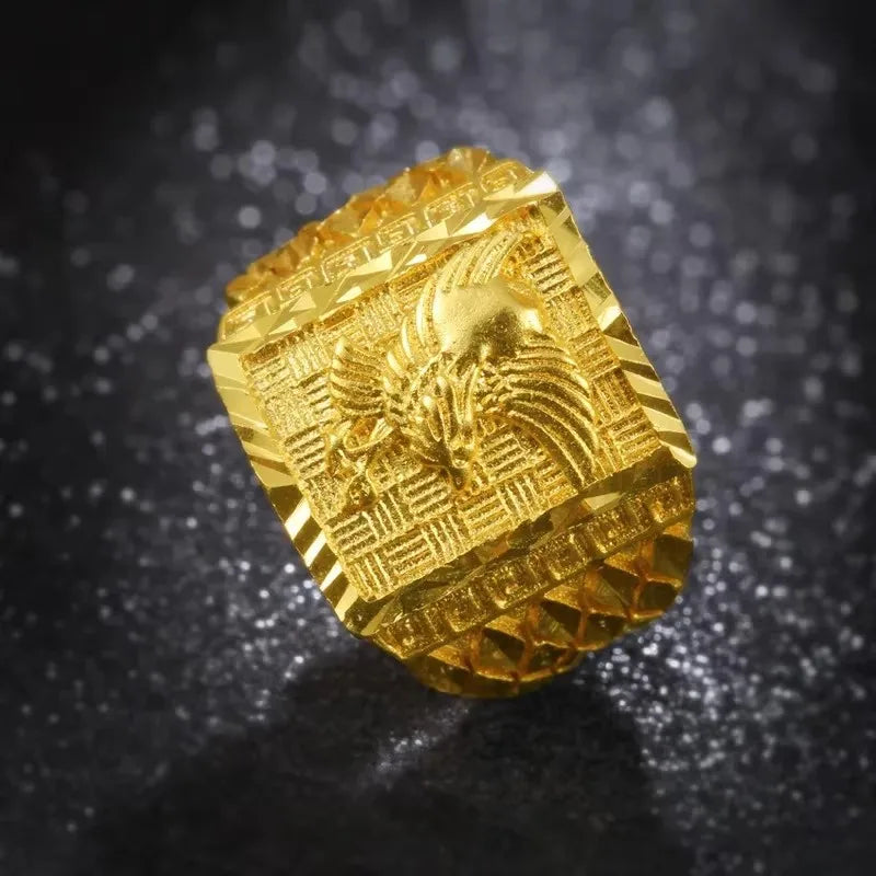 Pure Gold 18 KT Color Ring for Men Bro Luxury Engraving Dragon Adjustable Rings Gentleman Wedding Party Jewelry Gifts