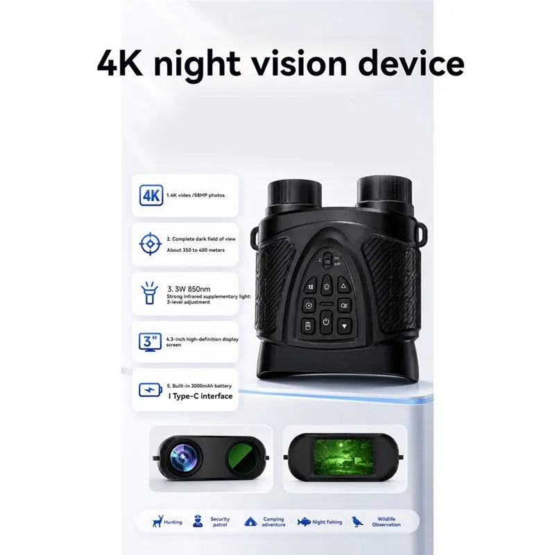 4K Night Vision Binoculars 58MP Digital Infrared Goggles 850nm IR 350M-400M Range F1.0 Lens 8X Zoom 3" Screen Hunting Camera