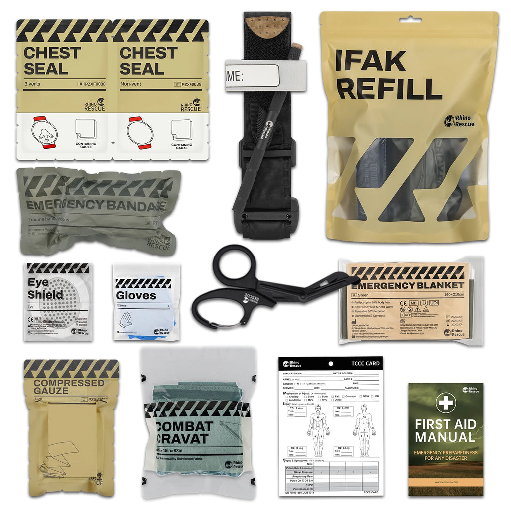 10 of 12 Essential CBRN Survival Items - MUST HAVE: IFAK Refill Supplies, Rhino Rescue Trauma Kit, Combat Survival Gear Medical Kit, Tactical for Emergency First Aid