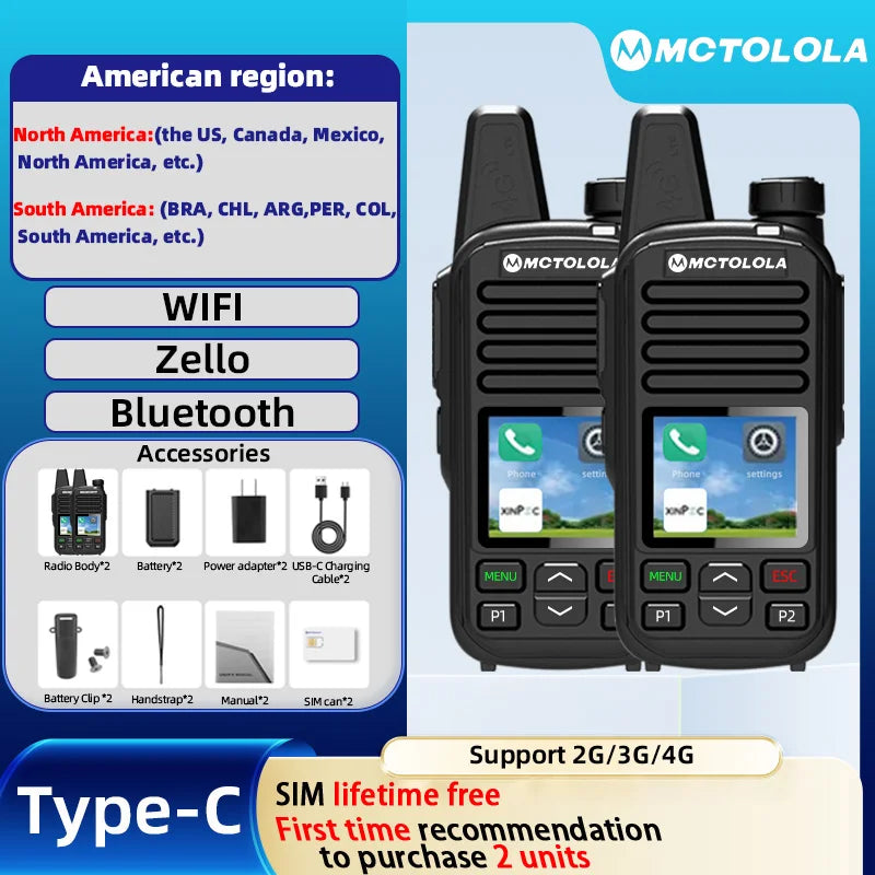 MOTOLOLA 4G SIM card lifetime free 2PCShandheld walkie talkie 5000 kilometers coverage two-way radio equipment supports Bluetoot