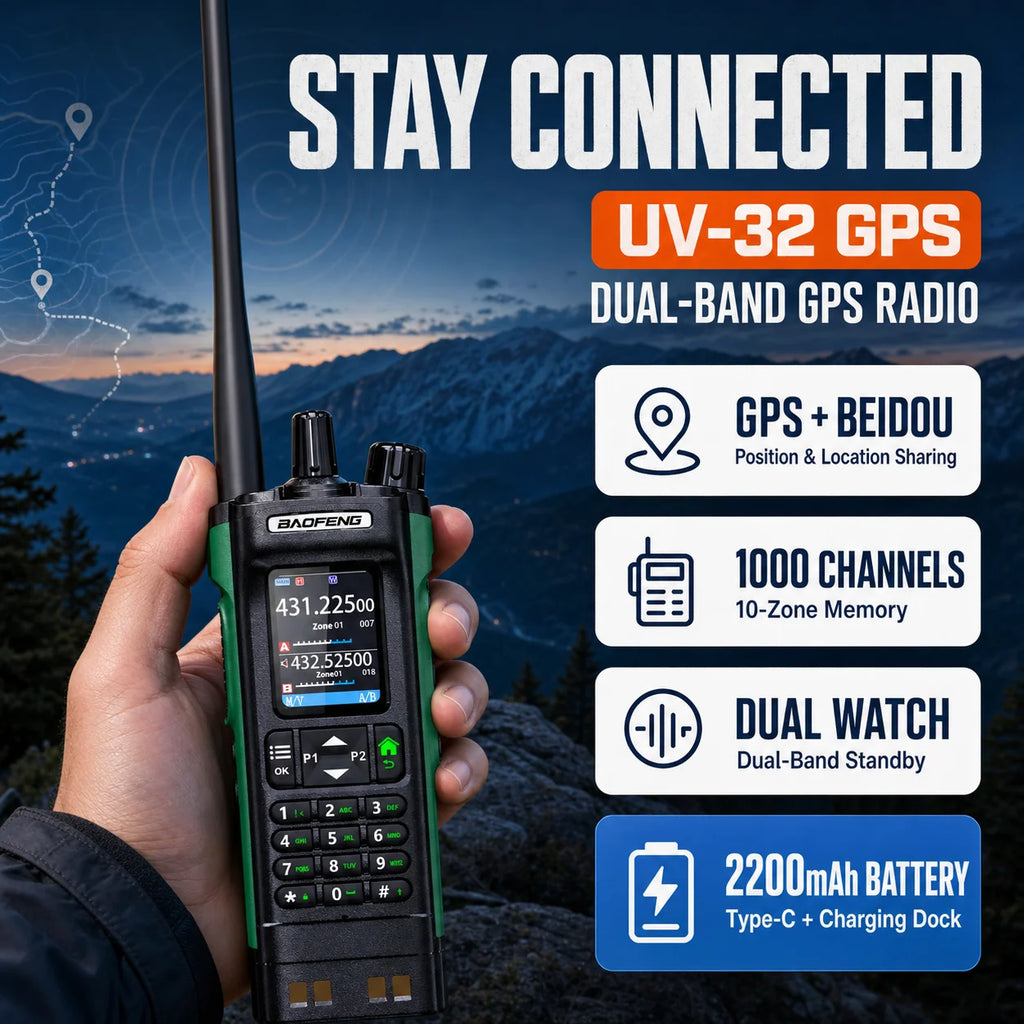 BAOFENG UV-32 GPS 10W Dual Band Ham Radio, 1000CH, Bluetooth APP Programming, 2200mAh USB-C Walkie Talkie